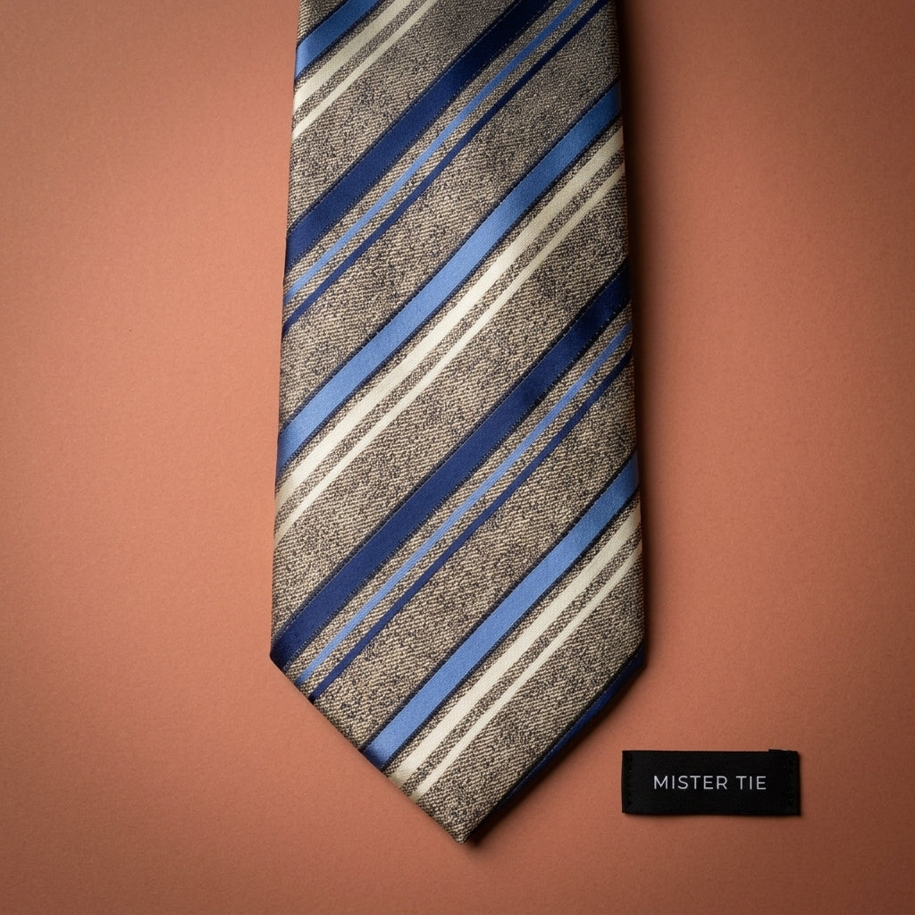 Cravate rayures bleues sur beige chiné