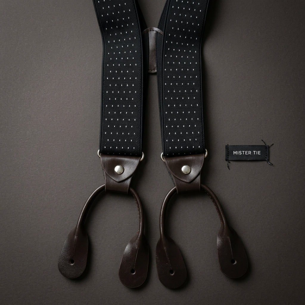 Bretelles à boutons – Noir à pois blancs & cuir marron