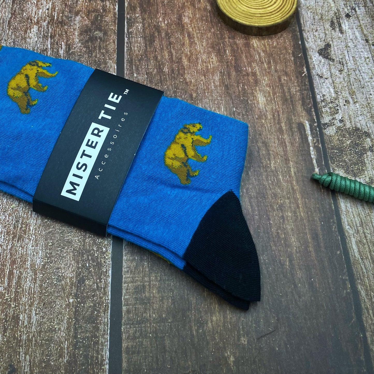 Chaussettes happy - Cyan à motif moutarde