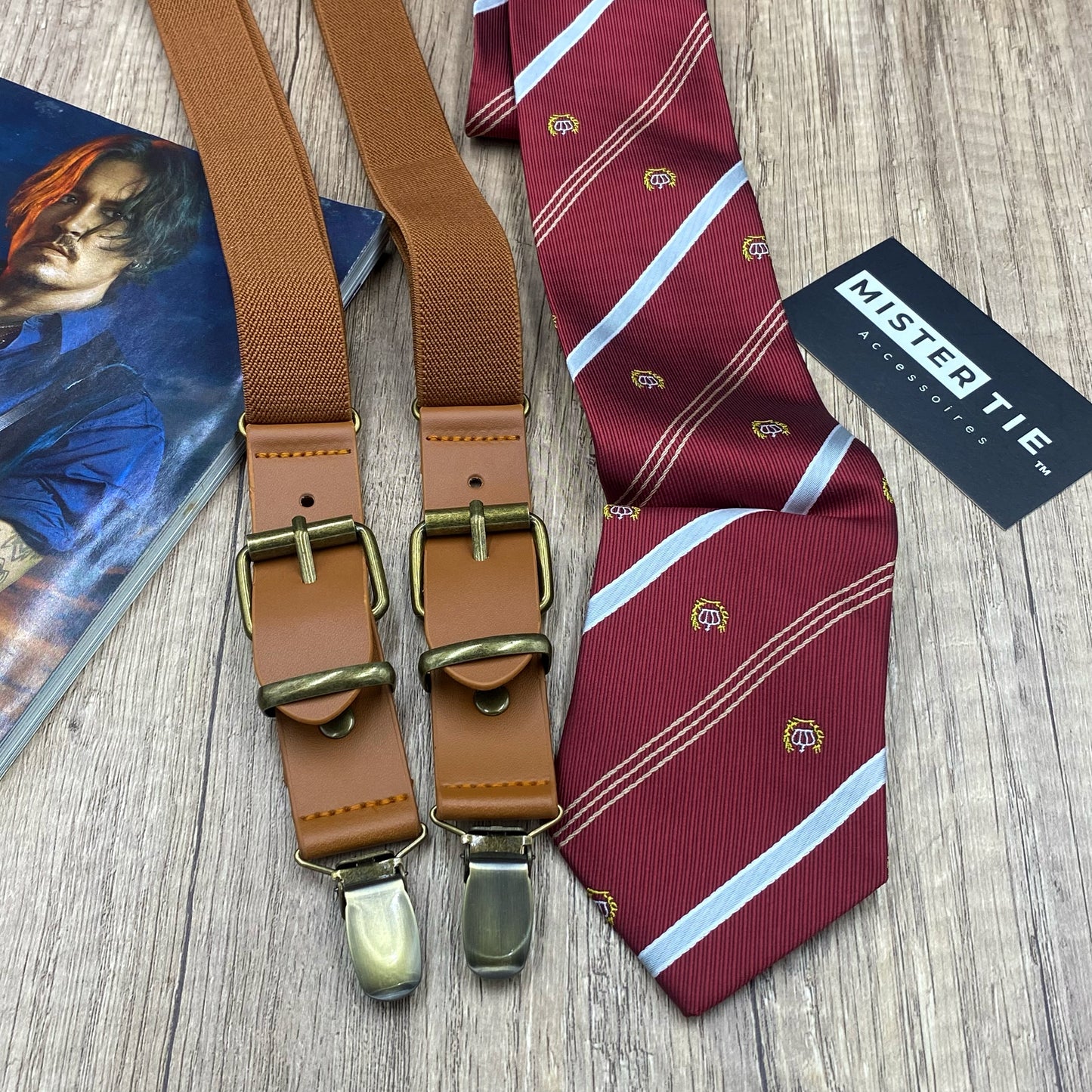 Bretelle Fine Marron à pince Cravate 7cm à rayure