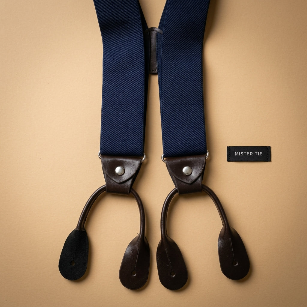 Bretelles à boutons – Bleu marine & cuir marron