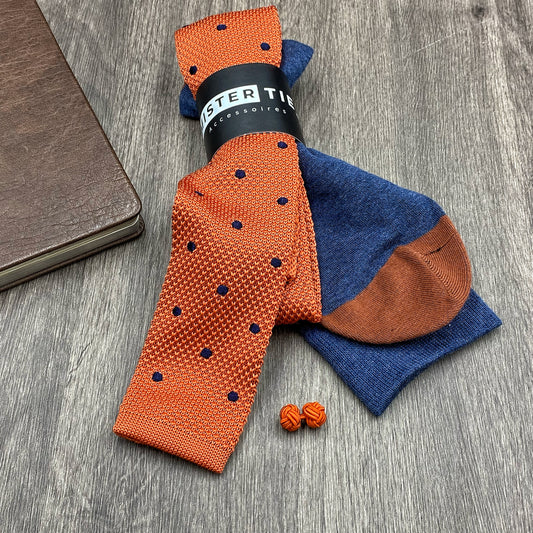 Combinaison Orange -bleue | cravate 7cm + Chaussettes fil ecossais