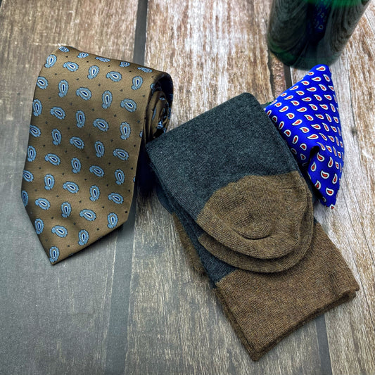 Combinaison Marron -Bleu | cravate 8cm + Chaussettes fil écossais + Pochette