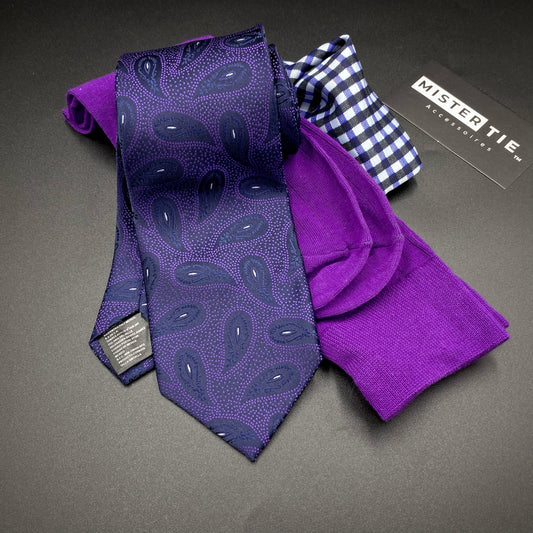 Combinaison Violette| cravate 8cm + Chaussettes fil écossais + Pochette