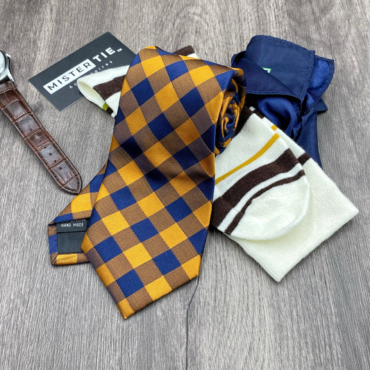 Combinaison Marron - Beige| cravate 8cm + Chaussettes fil écossais + Pochette