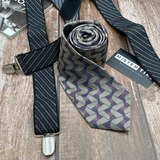 Combinaison Marron - Bleu Noir | cravate 7.5cm + Bretelles à pinces