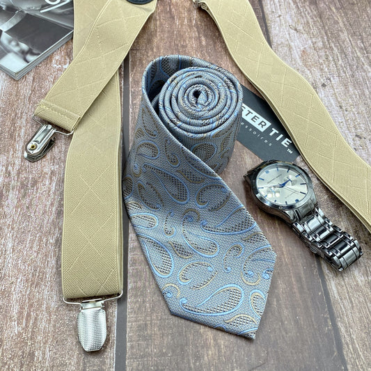 Combinaison Kaki - Bleu Clair | cravate 7.5cm + Bretelles à pinces