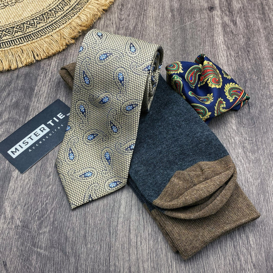 Combinaison Kaki | cravate 7.5cm + chaussettes + Pochettes